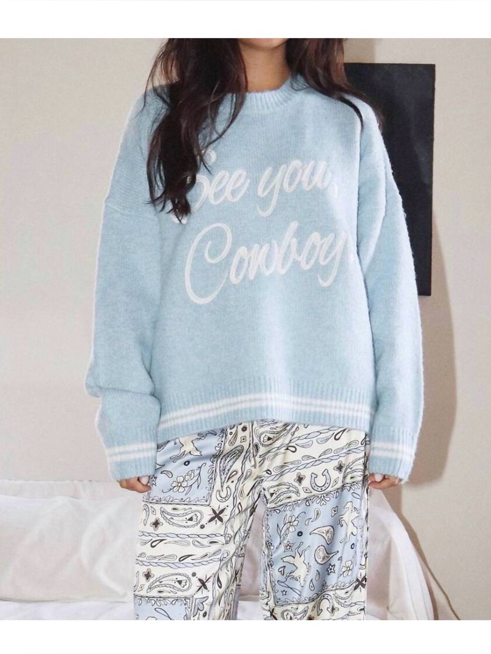 NEW BAILEY ROSE see you cowboy embroidered sweater in light blue